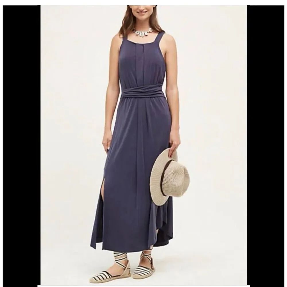 Anthropologie Maeve Azores Dress Navy Blue Sleeveless Side Slit size LP